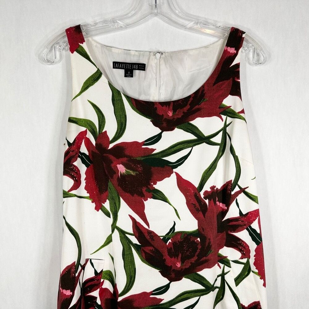 Lafayette 148 Size 8 Dress White Red Green Floral Shift Lined‎ Knee Length 642 - Picture 4 of 8